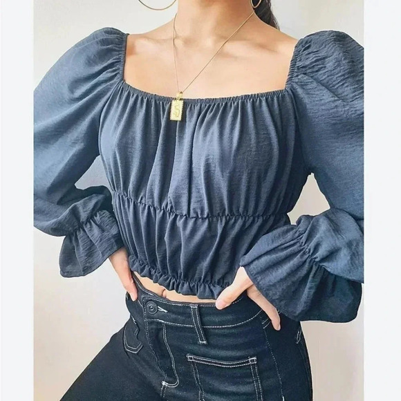 [M]Fiory Denim Crop  Top with Ballon Sleeves - Picture 2 of 7